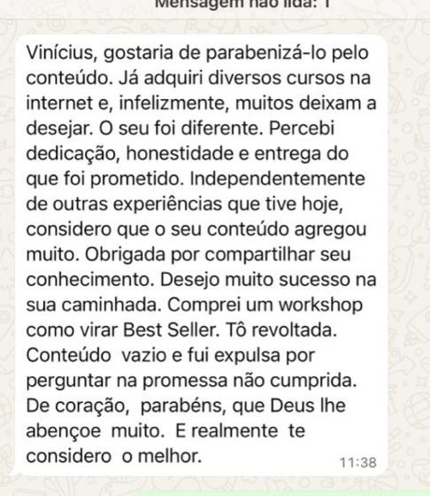 Aluna parabeniza Vinicius pela entrega e qualidade do conteúdo